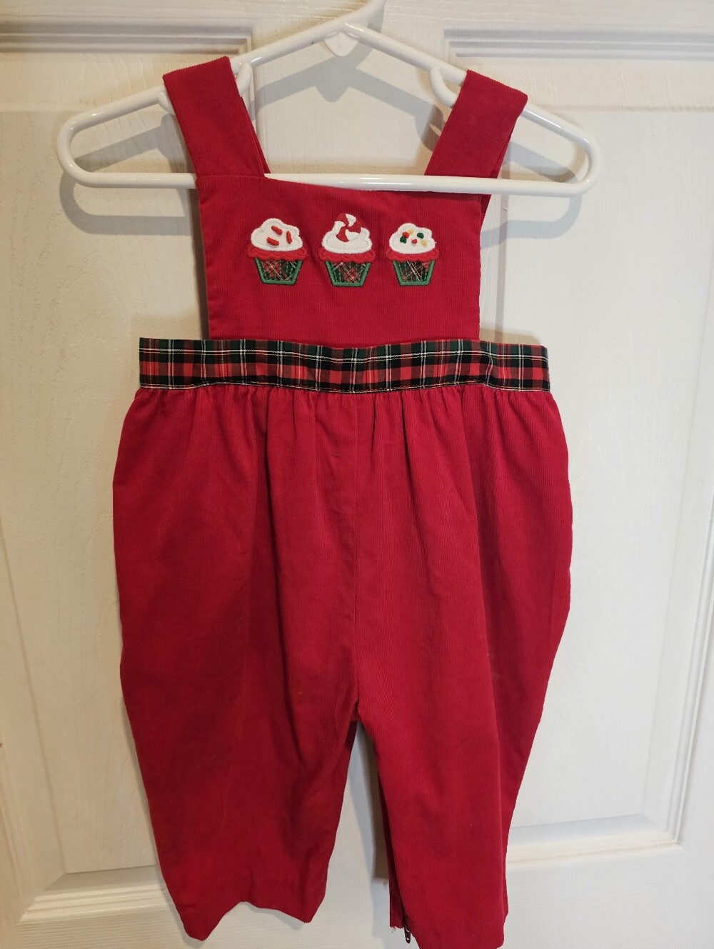 Kids Holiday Red Corduroy Jumper With Embroidered Holiday Cupcake Detail.